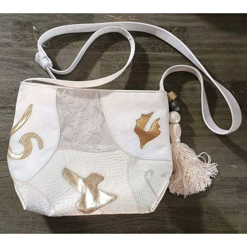 Sharif White Patchwork Vintage Crossbody With Tassel Gold Copper Accents